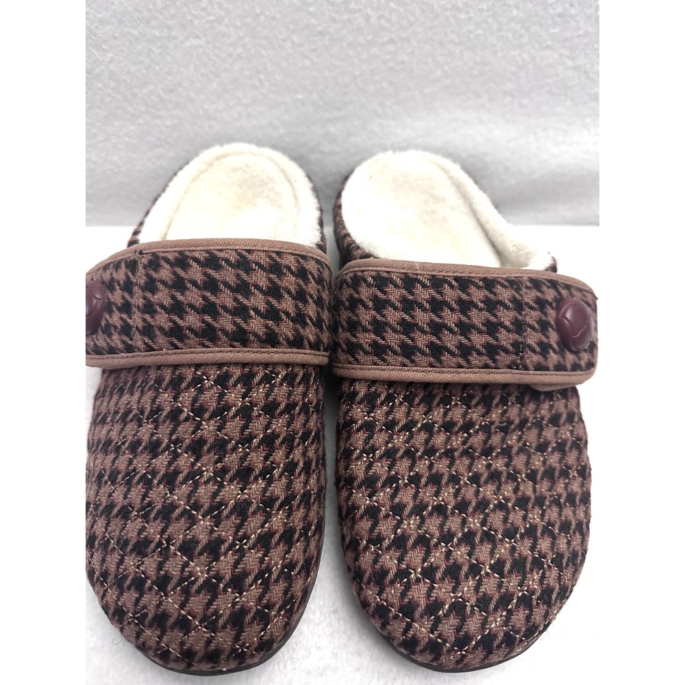 Vionic Carlin Mule Sz 7 Houndstooth Slippers Brown Black Orthotic Faux Fur